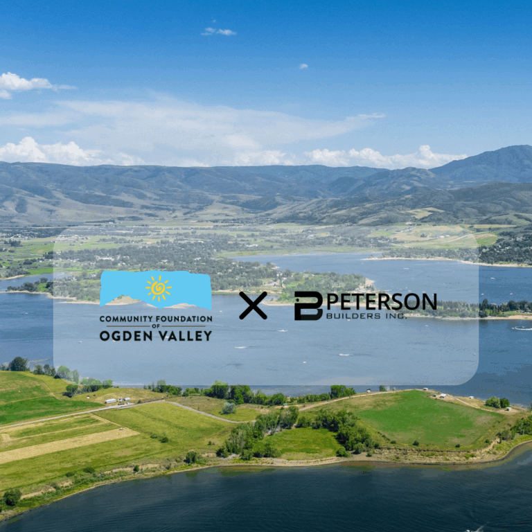 Community Foundation of Ogden Valley logo and Peterson Builders branding over a scenic aerial view of Ogden Valley, highlighting community sponsorship and involvement.